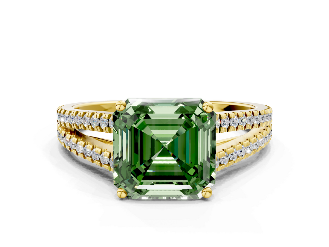 Yellow gold Fancy Green Asscher  Solitaire Split Shank Pavé Diamond Engagement Ring
