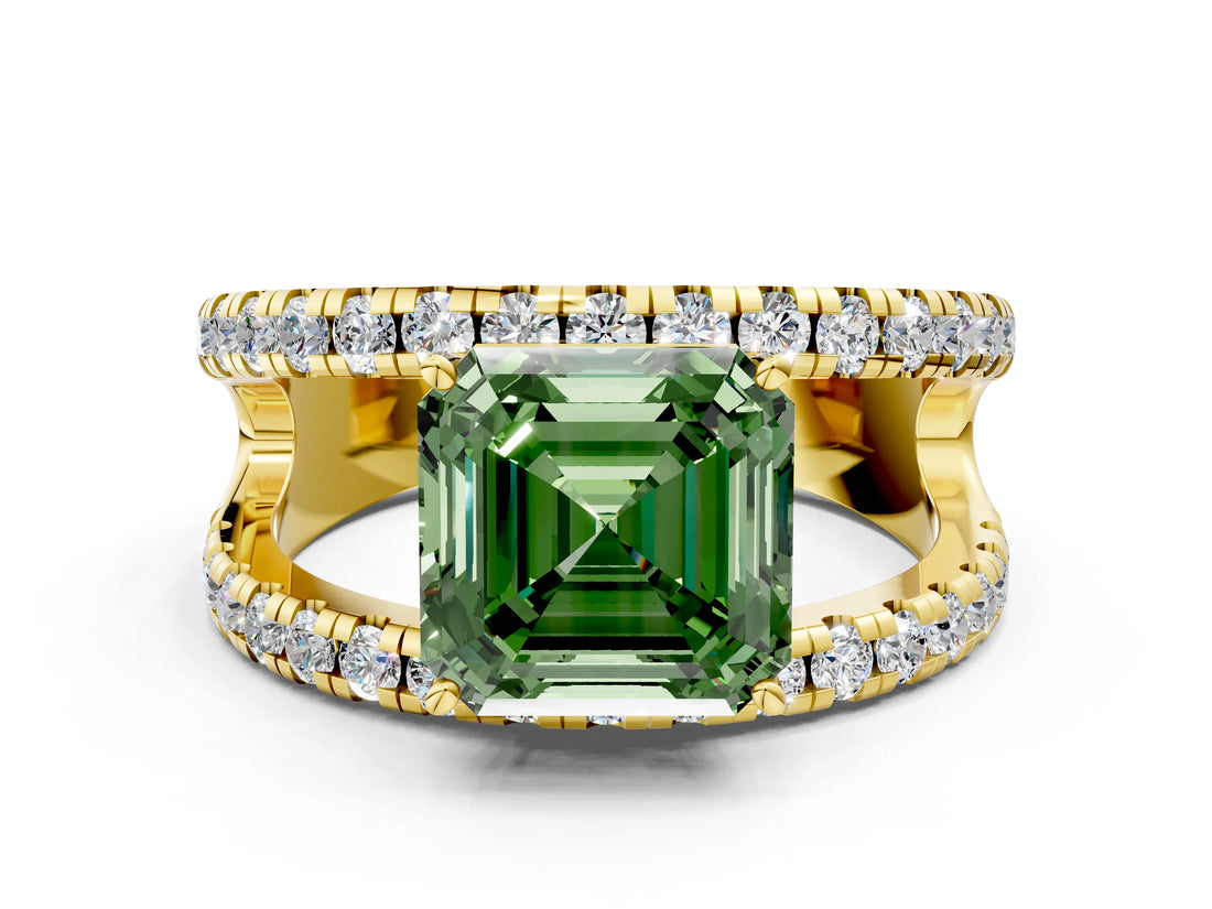 Yellow gold Fancy Green Asscher  Solitaire Split Shank Pave Diamond Ring_47