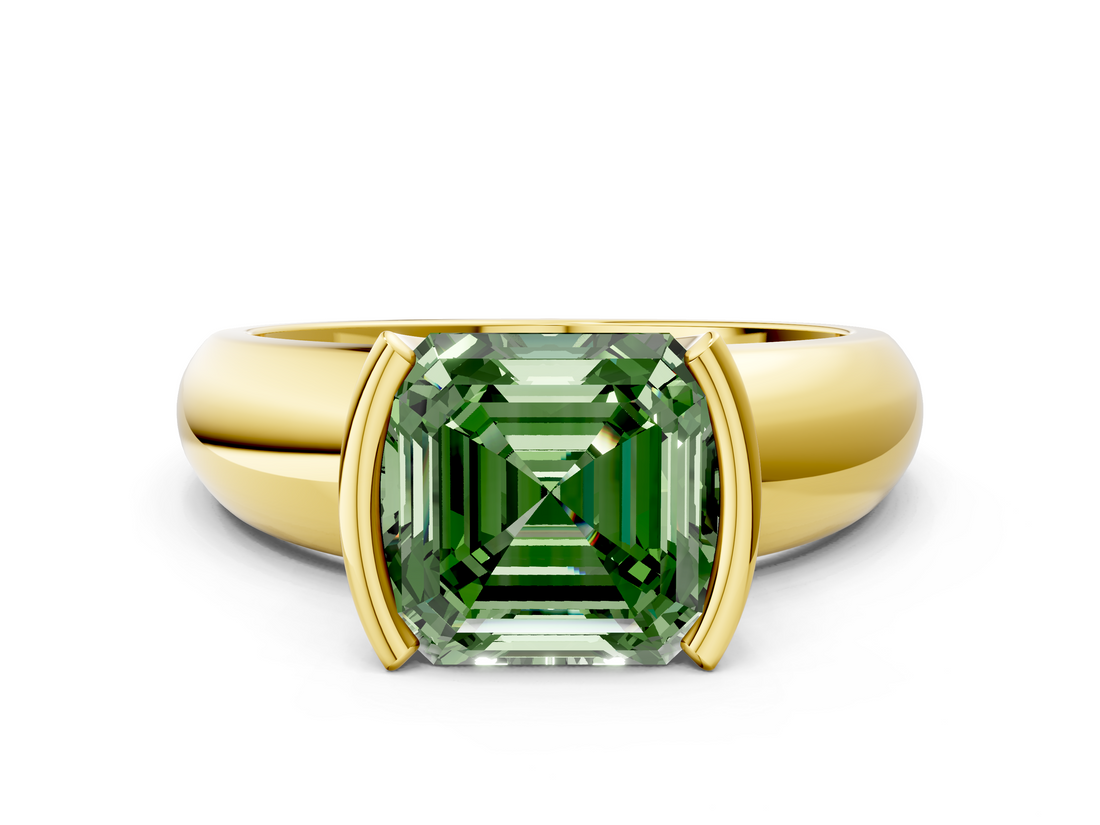 Yellow gold Fancy Green Asscher  Solitaire Tension Set Diamond Ring with Wide Band