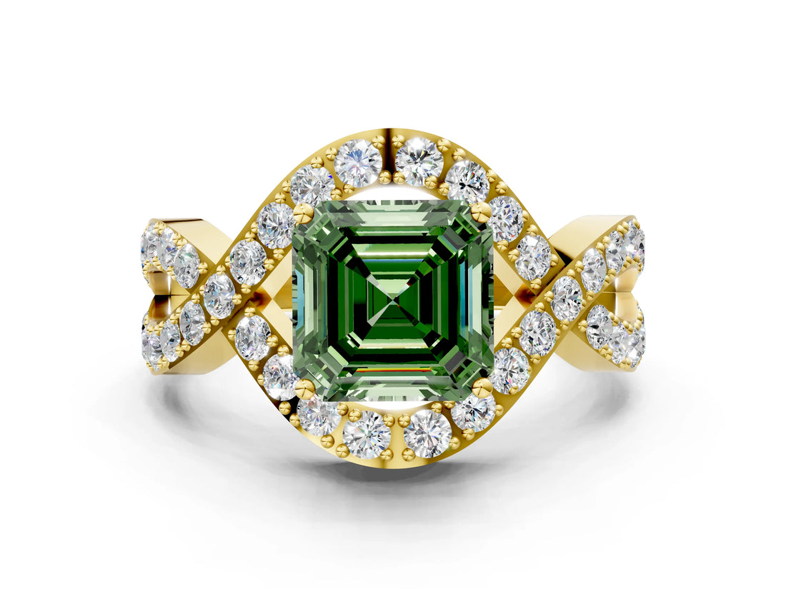 Yellow gold Fancy Green Asscher  Solitaire Twist Band Pavé Diamond Engagement Ring_15