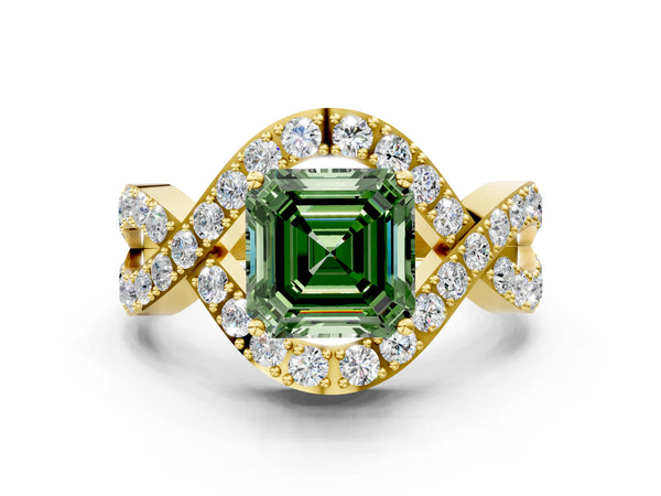 Yellow Gold Asscher Cut Infinity Twist Pave Engagement Ring Setting for Fancy Green Center