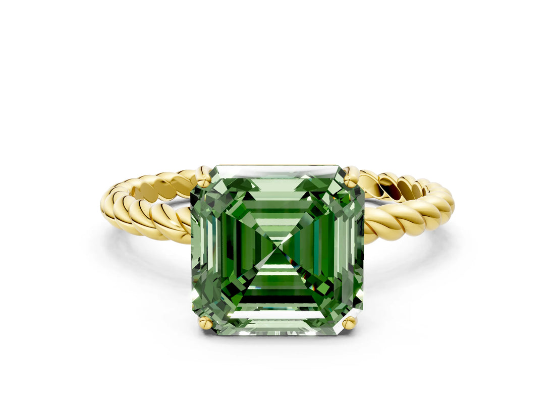 Yellow gold Fancy Green Asscher  Solitaire Twist Band Ring with Four-Prong Setting_83