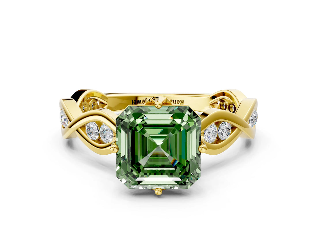Yellow gold Fancy Green Asscher  Solitaire Twist Band with Leaf Prong Setting_26