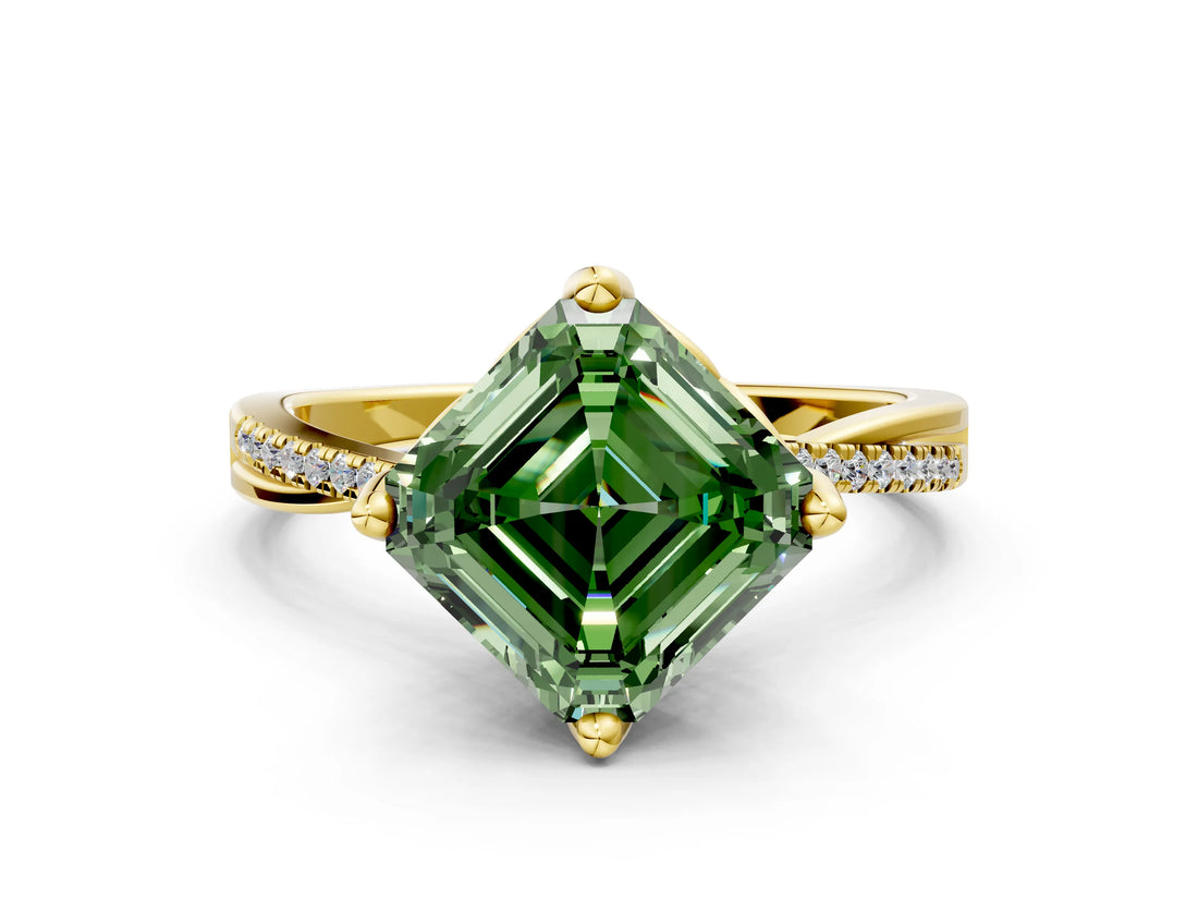 Yellow gold Fancy Green Asscher  Solitaire Twist Band with Pavé Diamonds and Four-Prong Setting_97
