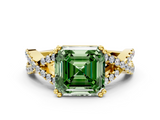 Yellow gold Fancy Green Asscher  Solitaire Twist Band with Pavé Setting and Four-Prong Setting