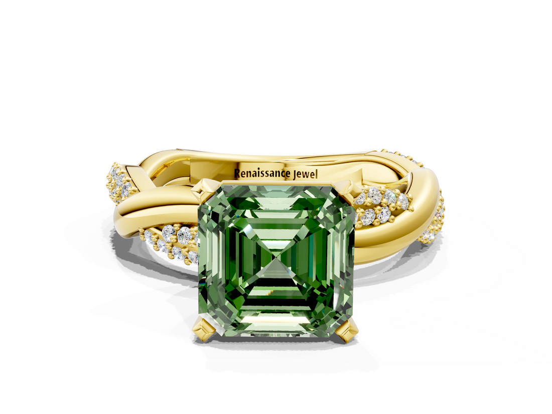 Yellow gold Fancy Green Asscher  Solitaire Twist Band with Pave Prong Setting_17
