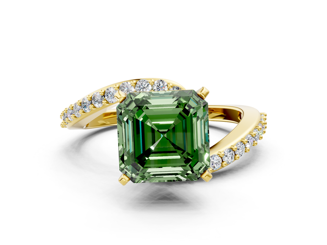 Yellow gold Fancy Green Asscher  Solitaire Twist Band with Pave Set Diamonds and Four-Prong Setting