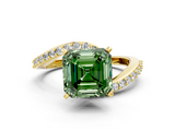 Yellow gold Fancy Green Asscher  Solitaire Twist Band with Pave Set Diamonds and Four-Prong Setting