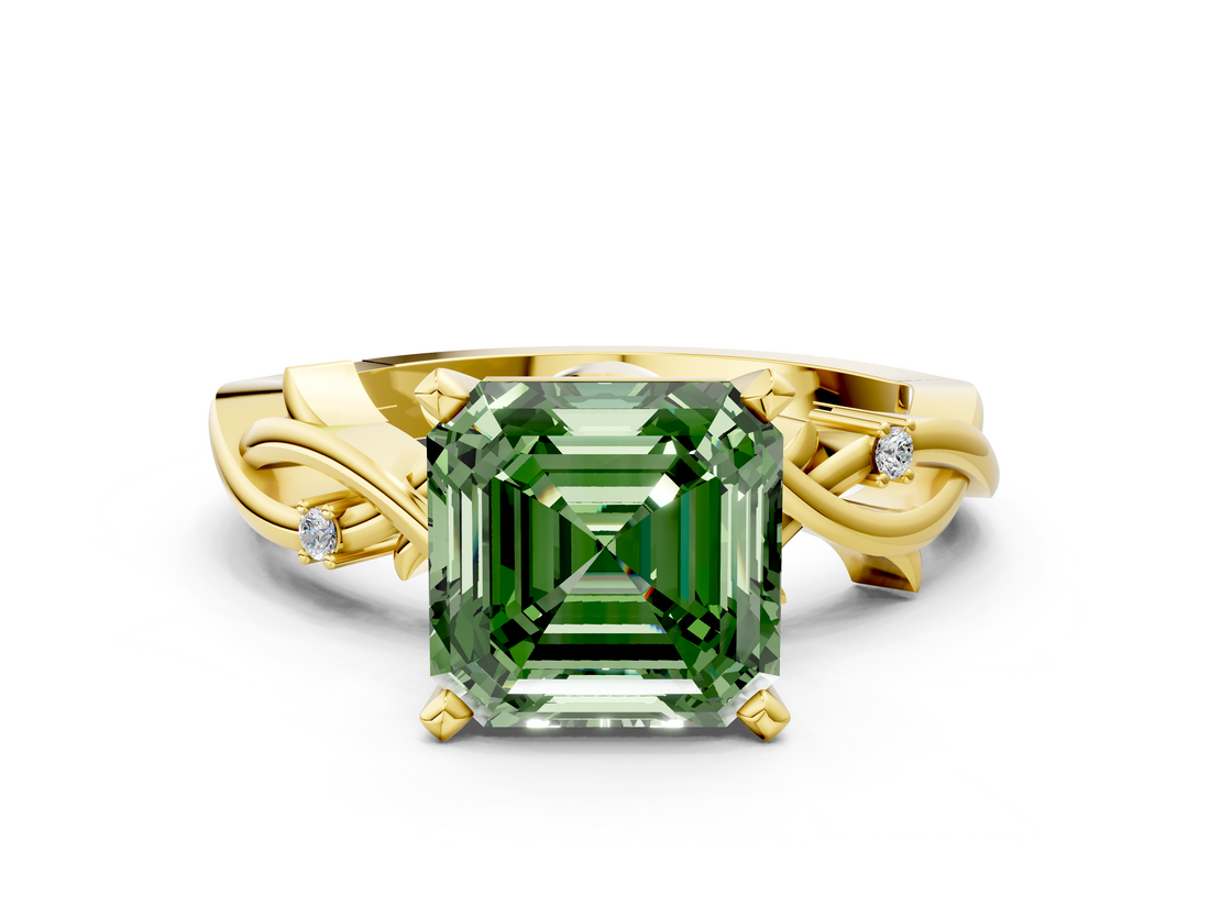 Yellow gold Fancy Green Asscher  Solitaire Twisted Band Prong Setting Ring