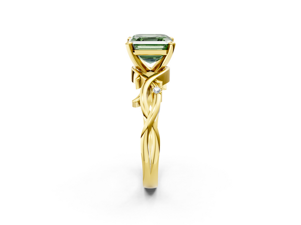 Yellow Gold Asscher Cut Vine Solitaire Engagement Ring Setting for Fancy Green Center