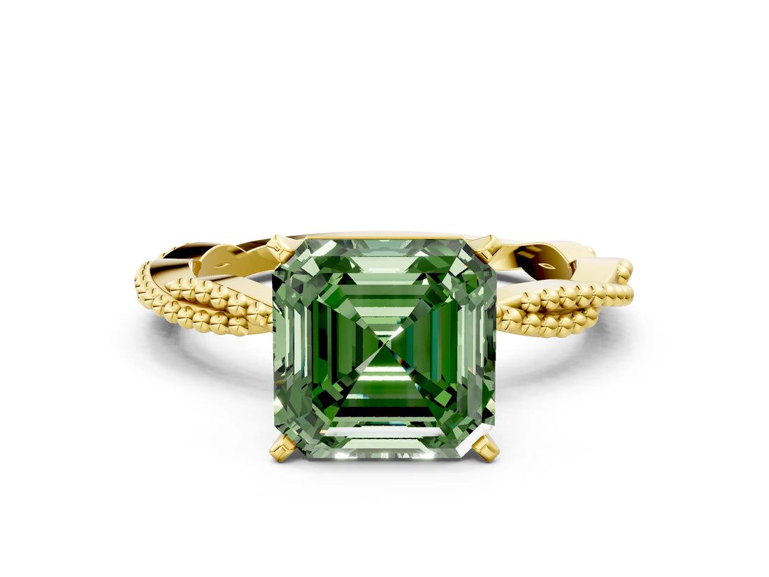 Yellow gold Fancy Green Asscher  Solitaire Twisted Band with Bead Prong Setting_46