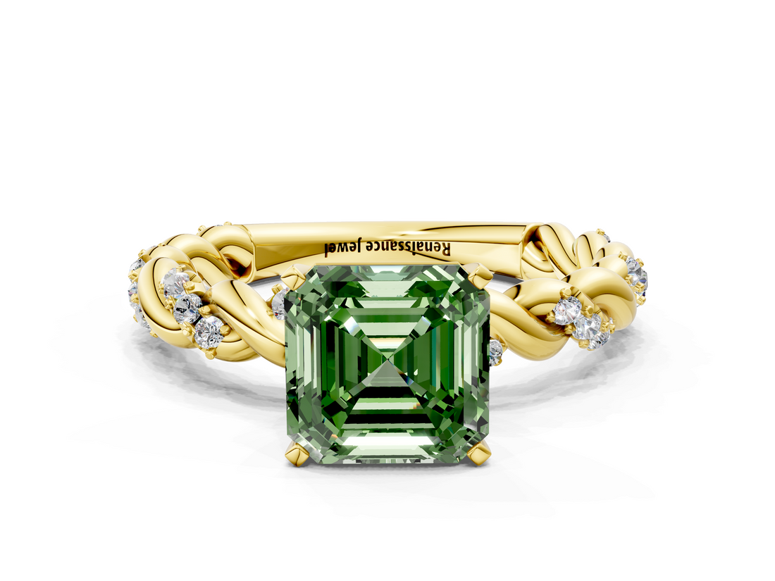 Yellow gold Fancy Green Asscher  Solitaire Twisted Band with Pavé Accents and Four-Prong Setting