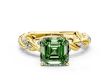 Yellow gold Fancy Green Asscher  Solitaire Twisted Band with Pavé Accents and Four-Prong Setting