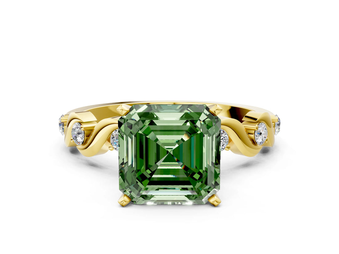Yellow gold Fancy Green Asscher  Solitaire Twisted Band with Prong Setting