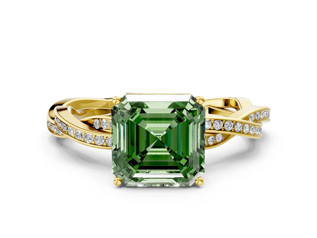 Yellow gold Fancy Green Asscher  Solitaire Twisted Pave Diamond Ring with Four-Prong Setting_12