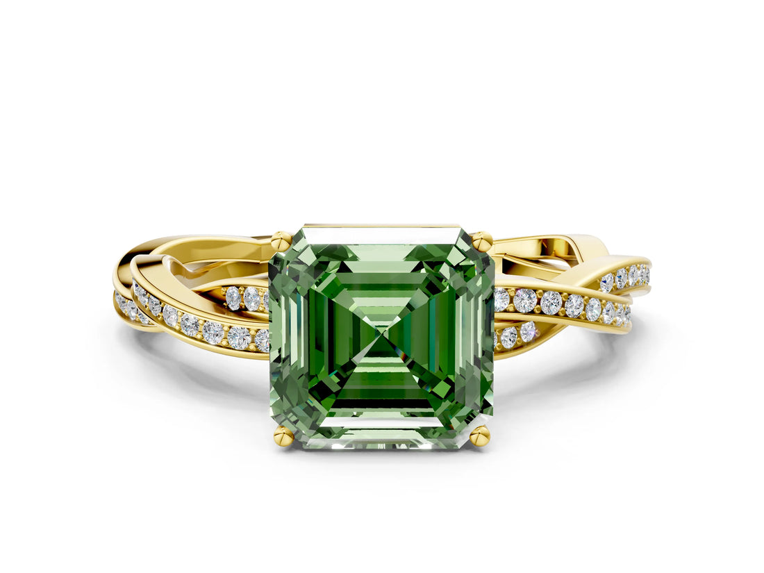 Yellow gold Fancy Green Asscher  Solitaire Twisted Pave Diamond Ring with Four-Prong Setting_92