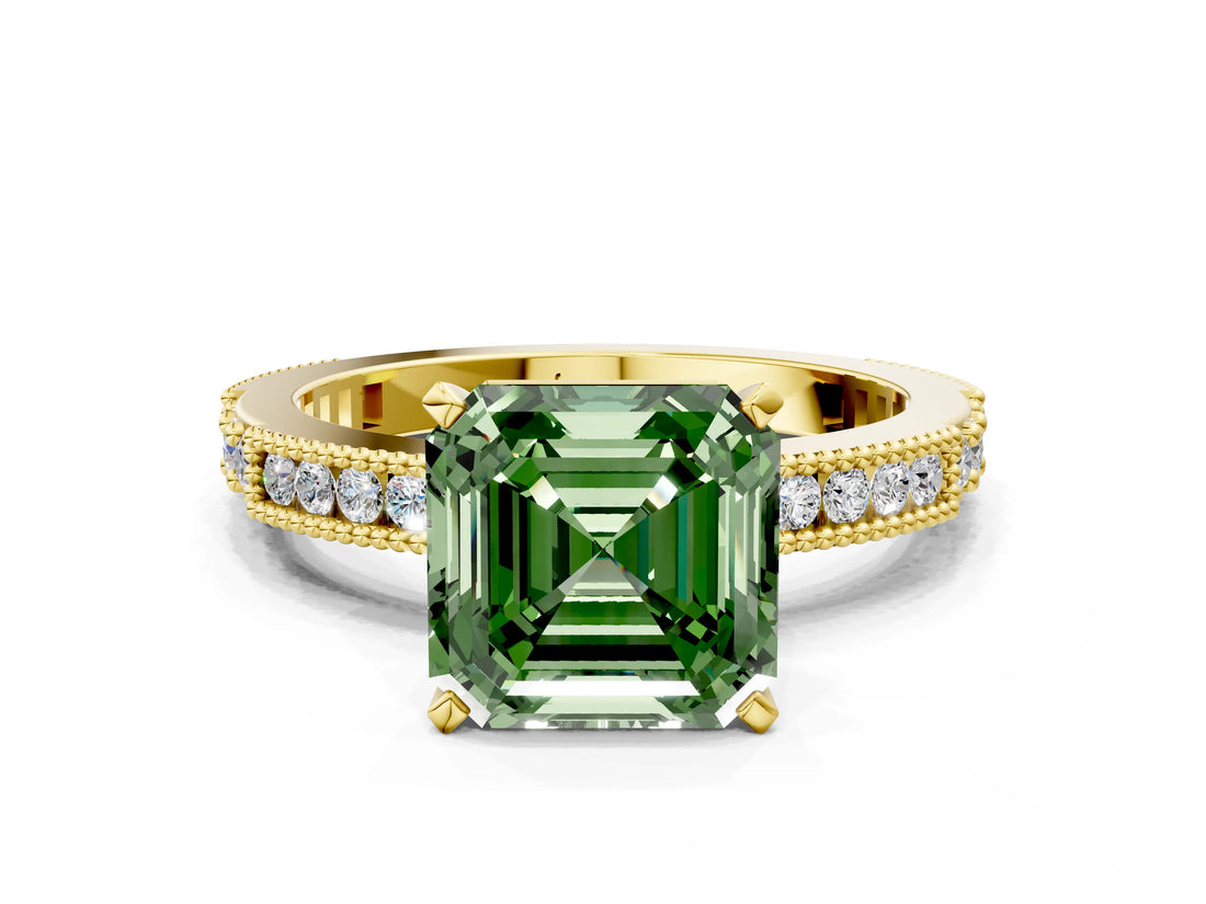 Yellow gold Fancy Green Asscher  Solitaire with Pavé Band and Four-Prong Setting_29