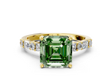 Yellow gold Fancy Green Asscher  Solitaire with Side Baguettes and Channel Set Band