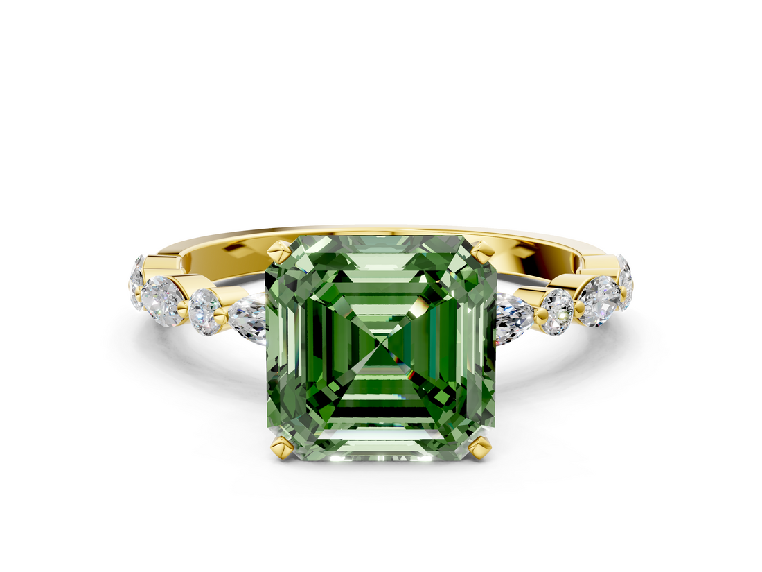 Yellow gold Fancy Green Asscher  Solitaire with Side Stones on a Pavé Band and Four-Prong Setting