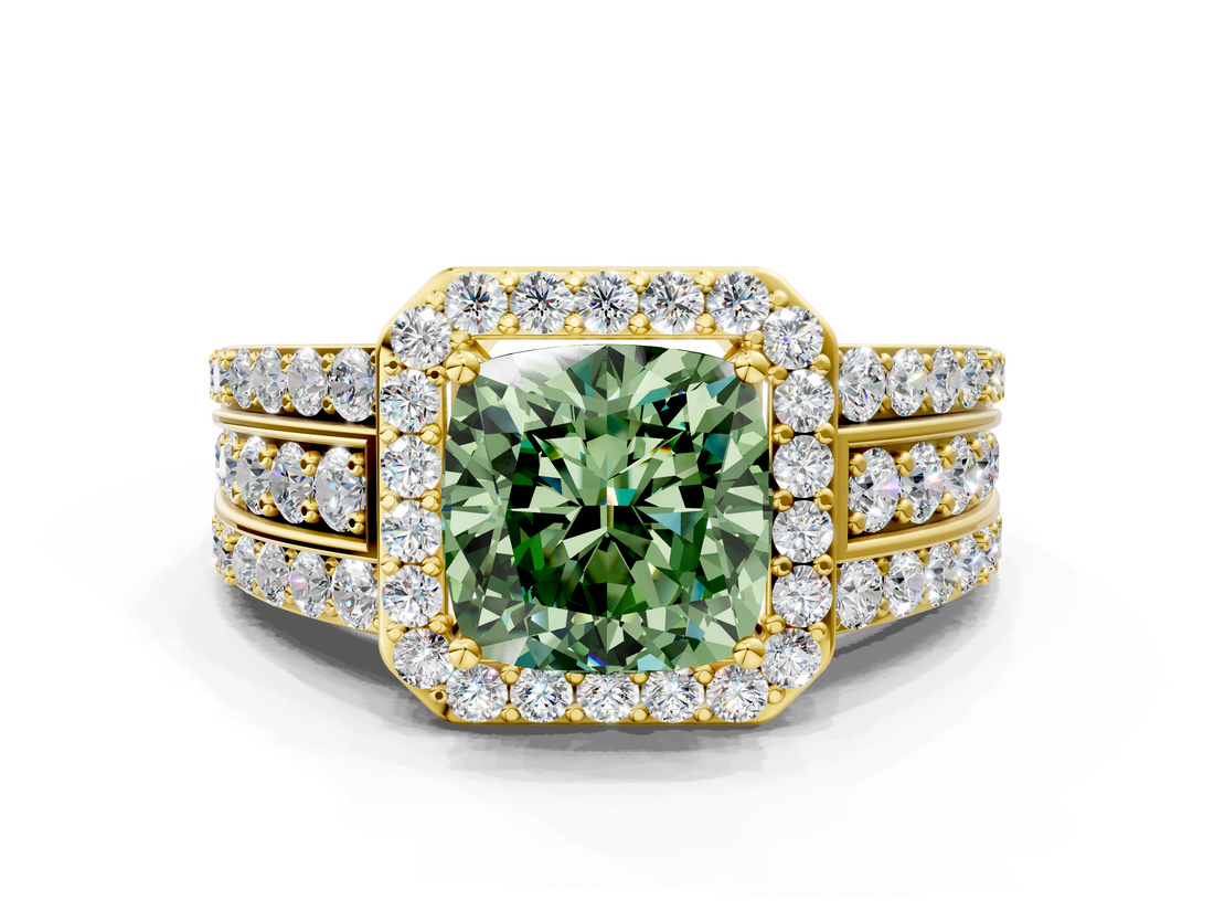Yellow gold Fancy Green Cushion -Cut Halo Diamond Ring with Split Shank and Four-Prong Setting_89