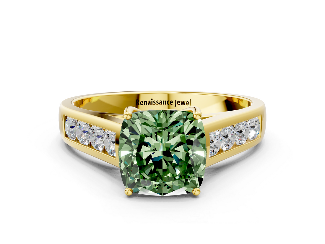 Yellow gold Fancy Green Cushion  Brilliant Channel-Set Solitaire Ring with Four-Prong Setting_37