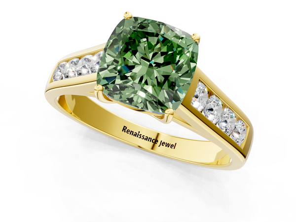 Yellow gold Fancy Green Cushion  Brilliant Channel-Set Solitaire Ring with Four-Prong Setting