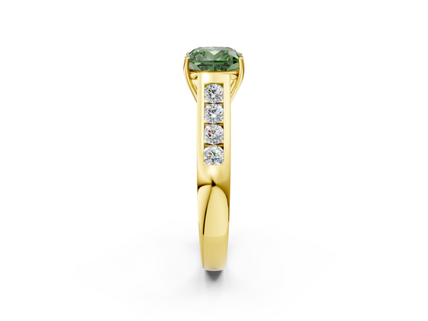 Yellow gold Fancy Green Cushion  Brilliant Channel-Set Solitaire Ring with Four-Prong Setting