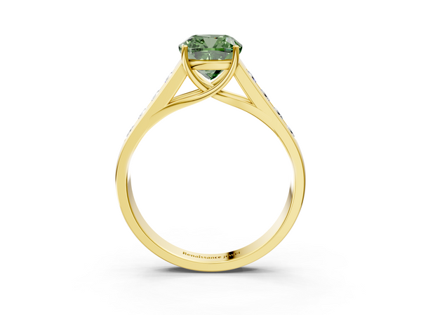 Yellow gold Fancy Green Cushion  Brilliant Channel-Set Solitaire Ring with Four-Prong Setting