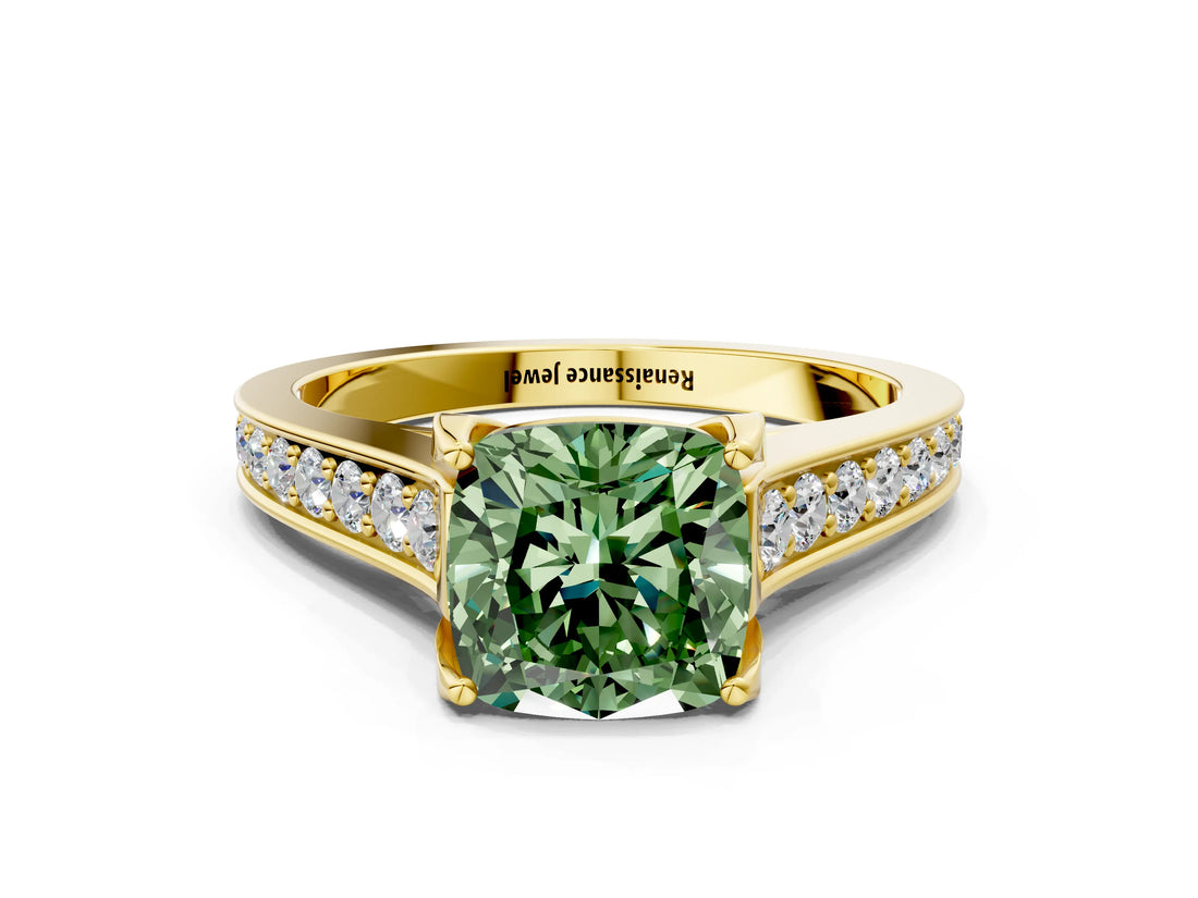 Yellow gold Fancy Green Cushion  Brilliant Cut Diamond Engagement Ring with Pavé Band and Four-Prong Setting_49