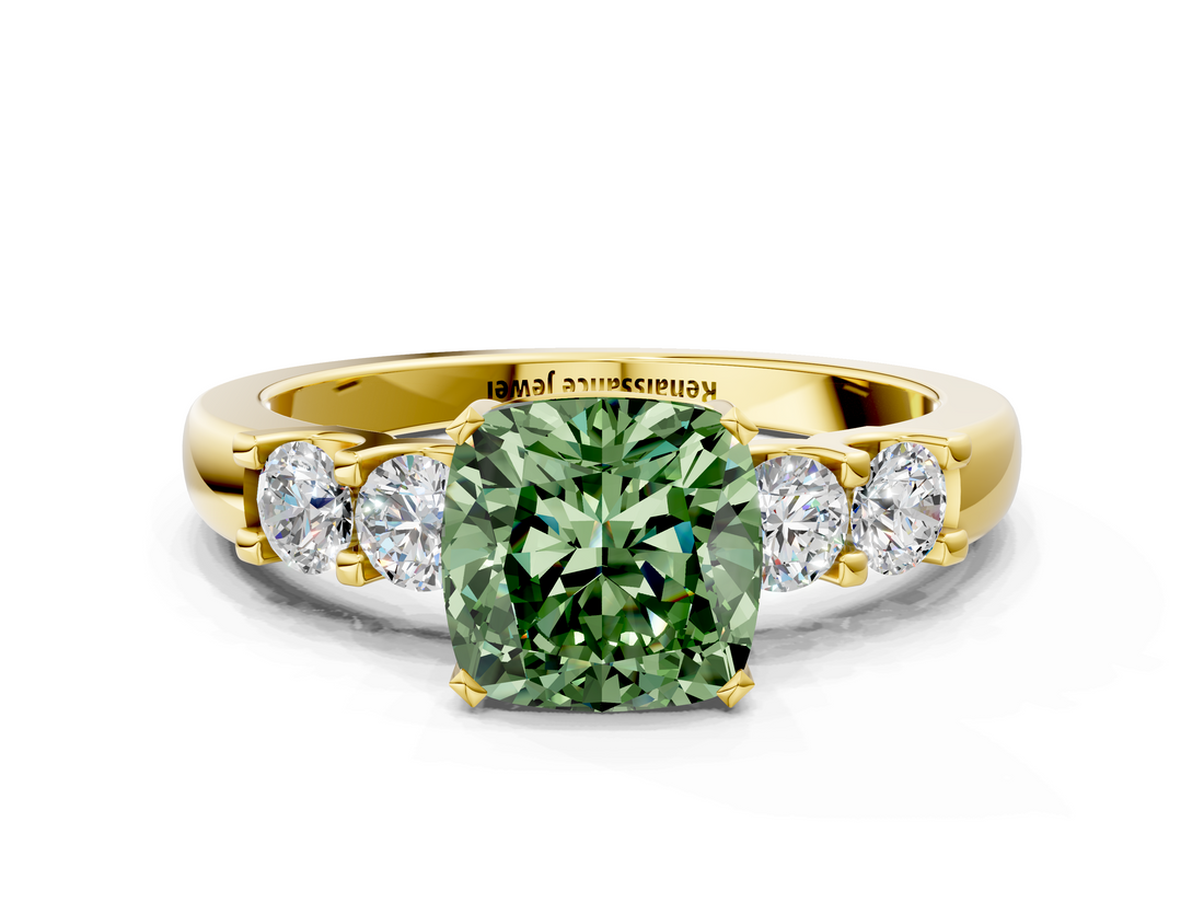 Yellow gold Fancy Green Cushion  Brilliant Cut Diamond Five-Stone Prong Set Engagement Ring with Channel Band_3