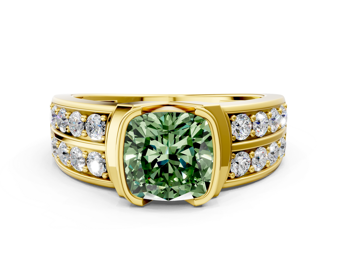 Yellow gold Fancy Green Cushion  Brilliant Diamond Channel Set Wide Band Ring with Bezel Setting_20