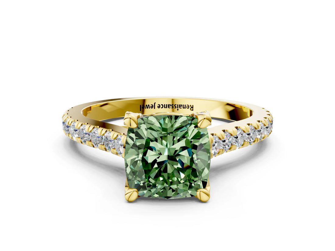 Yellow gold Fancy Green Cushion  Brilliant Diamond Solitaire with Pavé Band and Four-Prong Setting