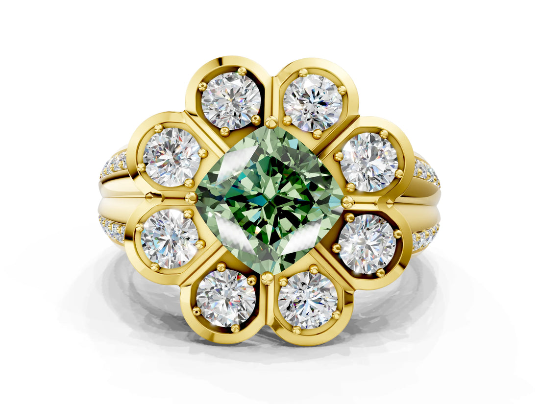 Yellow gold Fancy Green Cushion  Brilliant Flower Halo Diamond Split Shank Ring_87