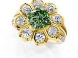 Yellow gold Fancy Green Cushion  Brilliant Flower Halo Diamond Split Shank Ring_88