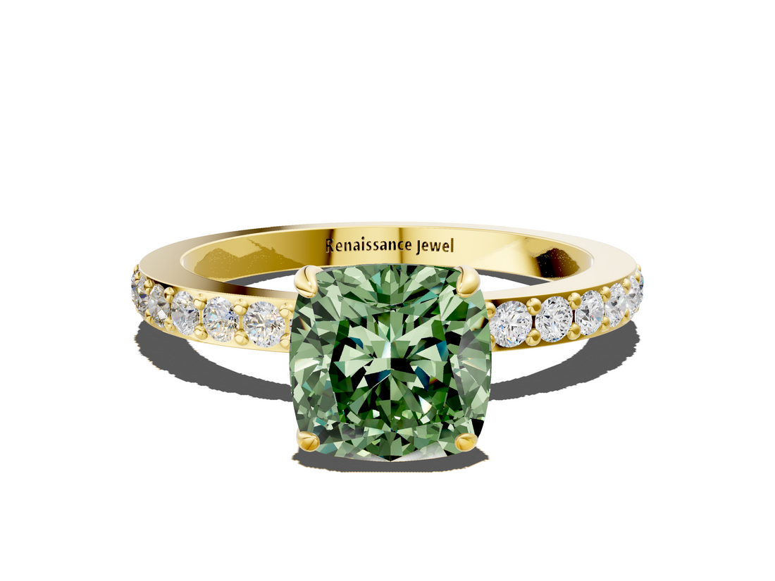 Yellow gold Fancy Green Cushion  Brilliant Pavé Band Solitaire with Four-Prong Setting_41