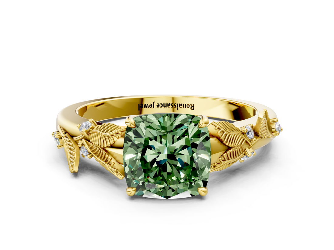 Yellow gold Fancy Green Cushion  Brilliant Solitaire with Leaf Motif Band and Four-Prong Setting_64