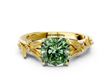 Yellow gold Fancy Green Cushion  Brilliant Solitaire with Leaf Motif Band and Four-Prong Setting_64