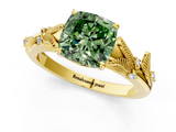 Yellow gold Fancy Green Cushion  Brilliant Solitaire with Leaf Motif Band and Four-Prong Setting_65