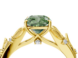 Yellow gold Fancy Green Cushion  Brilliant Solitaire with Leaf Motif Band and Four-Prong Setting_68