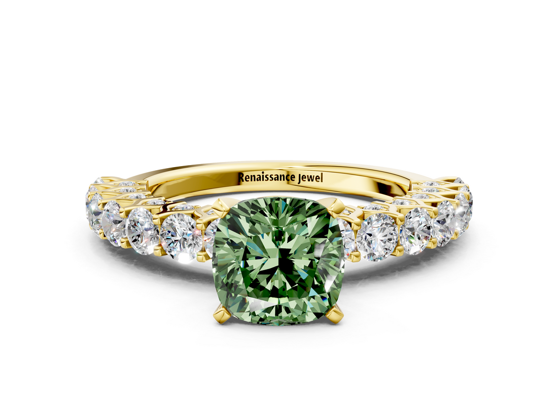 Yellow gold Fancy Green Cushion  Brilliant Solitaire with Pavé Band and Four-Prong Setting_42