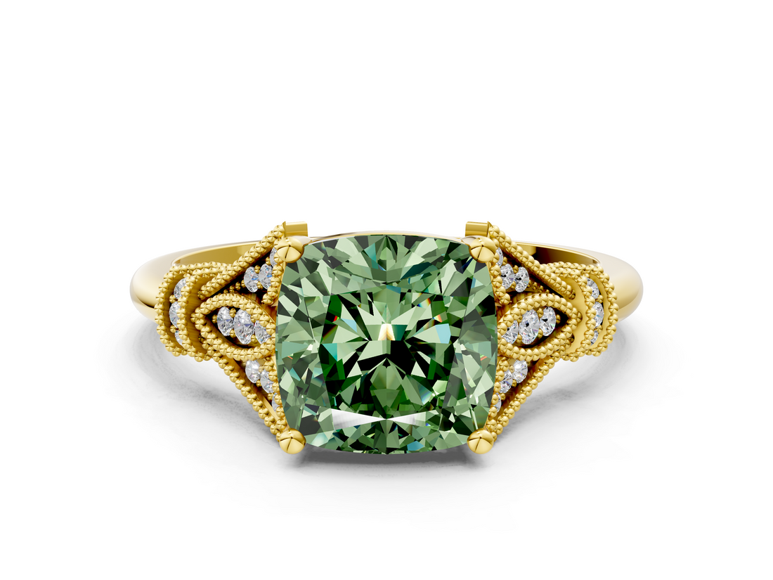 Yellow gold Fancy Green Cushion  Brilliant Solitaire with Pave Band and Four-Prong Setting_20