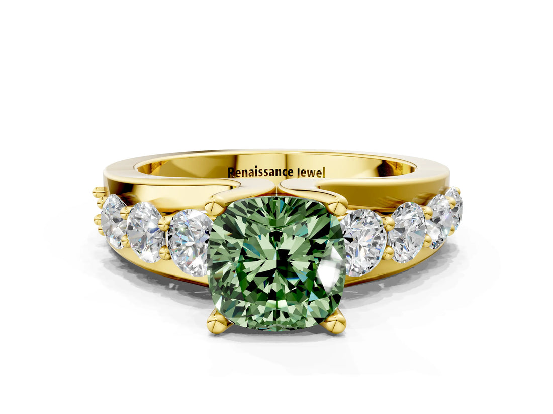 Yellow gold Fancy Green Cushion  Brilliant Solitaire with Side Stones on a Pave Band and Four-Prong Setting_24