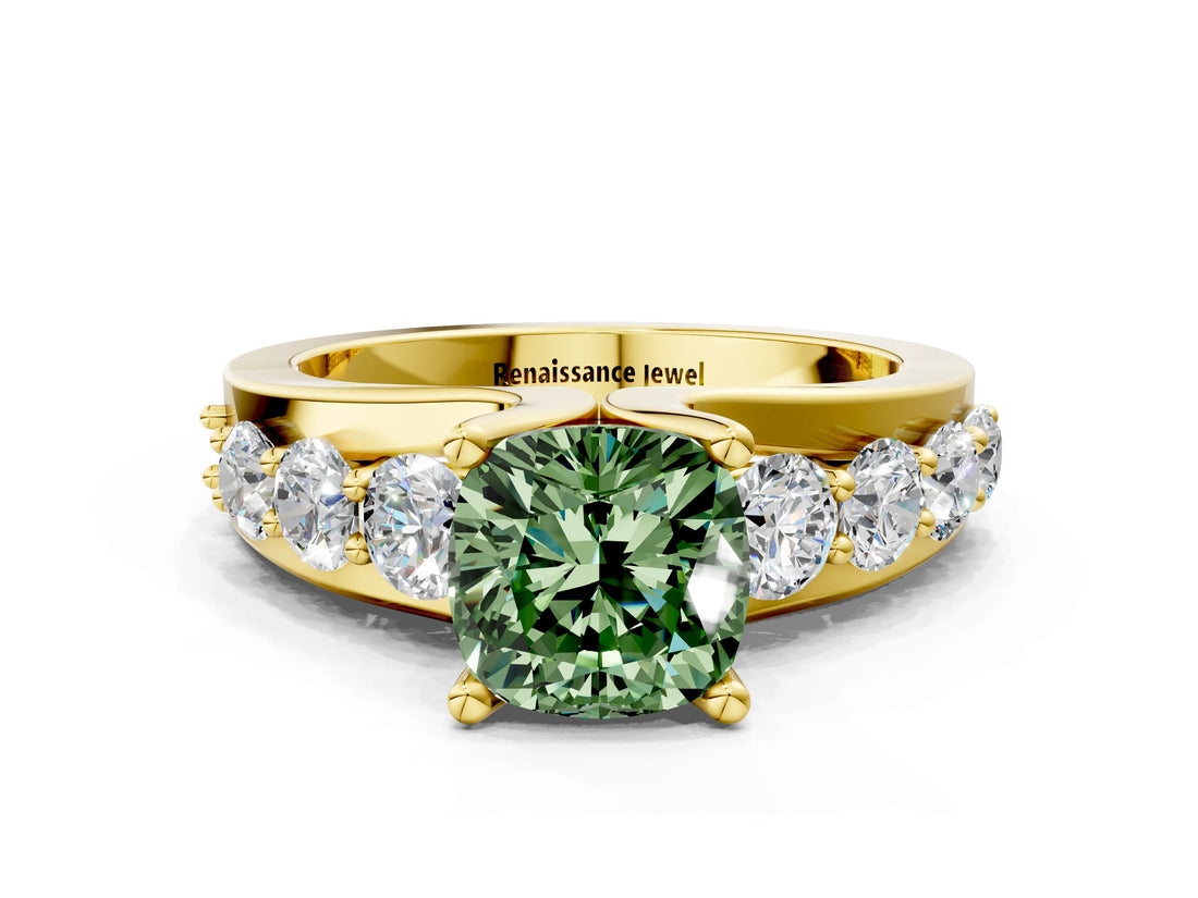 Yellow gold Fancy Green Cushion  Brilliant Solitaire with Side Stones on a Pave Band and Four-Prong Setting_37