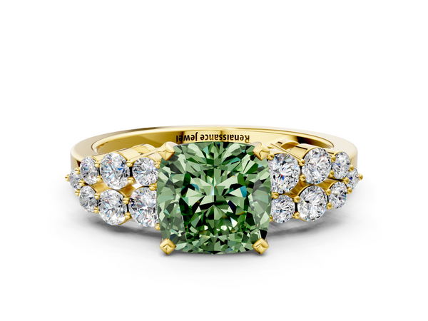 Yellow gold Fancy Green Cushion  Cluster Diamond Engagement Ring with Pavé Band and Four-Prong Setting