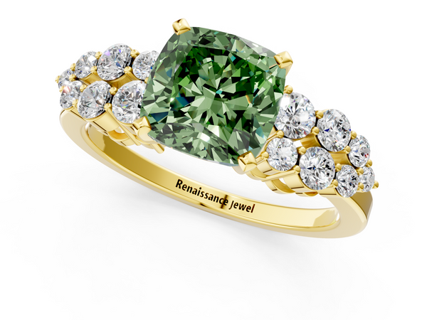 Yellow gold Fancy Green Cushion  Cluster Diamond Engagement Ring with Pavé Band and Four-Prong Setting