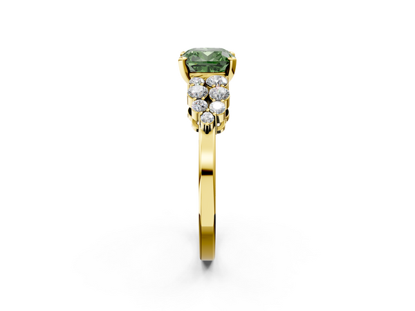Yellow gold Fancy Green Cushion  Cluster Diamond Engagement Ring with Pavé Band and Four-Prong Setting