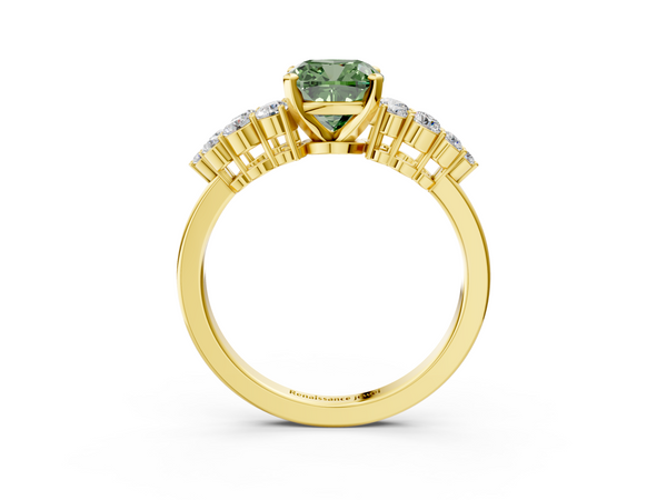 Yellow gold Fancy Green Cushion  Cluster Diamond Engagement Ring with Pavé Band and Four-Prong Setting