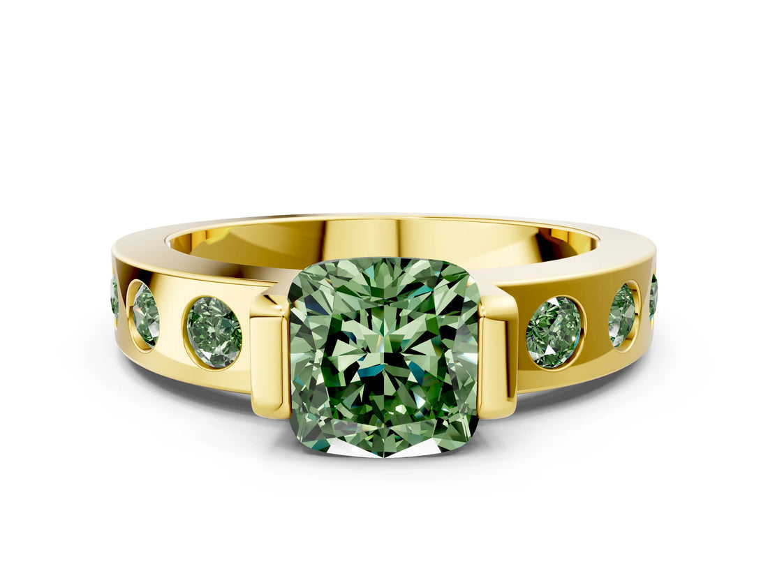 Yellow gold Fancy Green Cushion Cut Brilliant Channel-Set Diamond Ring with Bezel Prong Setting
