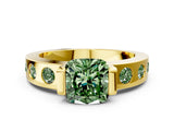 Yellow gold Fancy Green Cushion Cut Brilliant Channel-Set Diamond Ring with Bezel Prong Setting