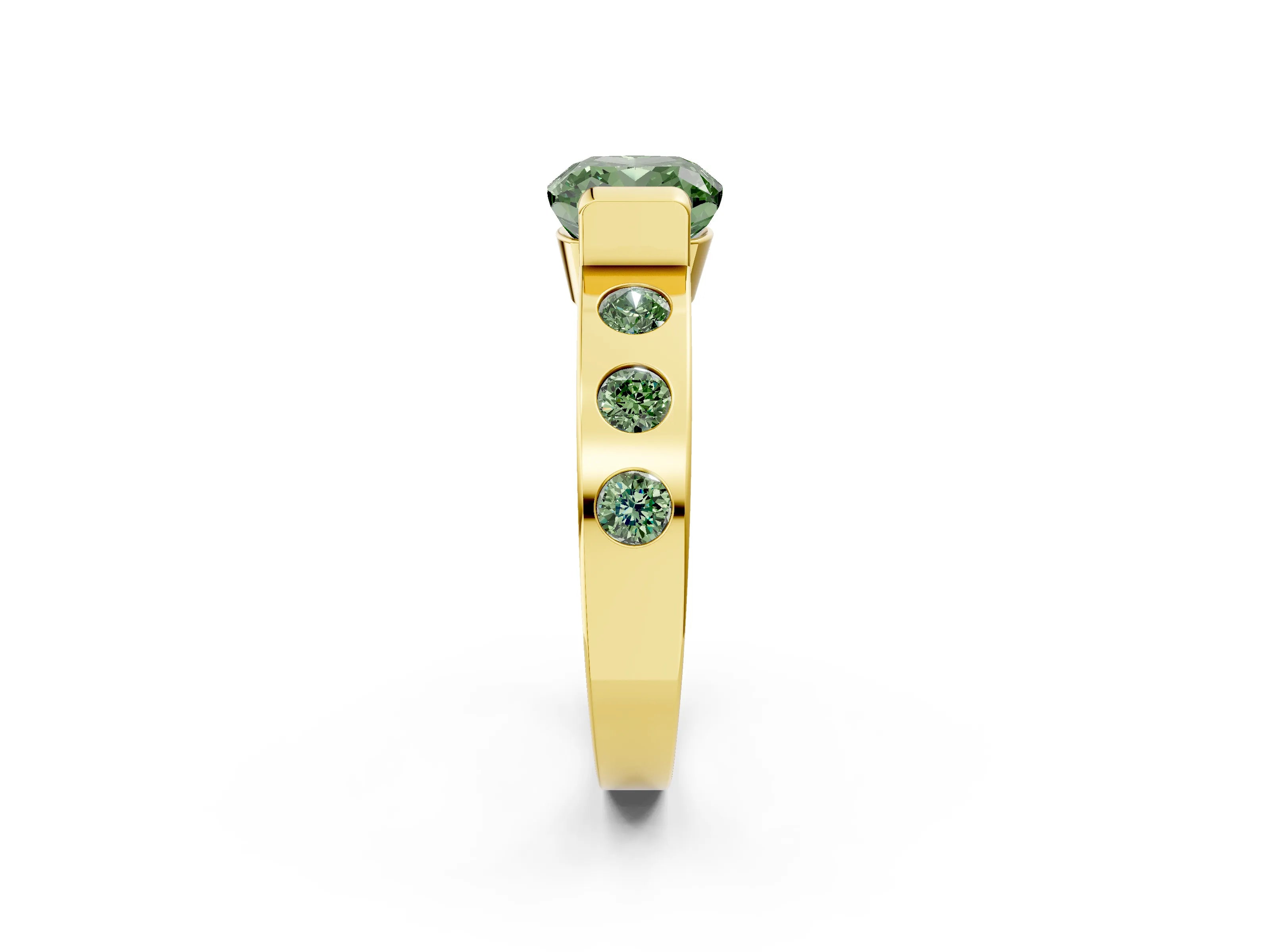 Yellow gold Fancy Green Cushion Cut Brilliant Channel-Set Diamond Ring with Bezel Prong Setting_2